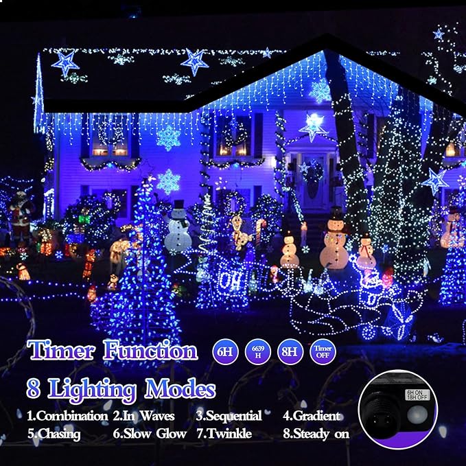 1600 LED 164FT Outdoor Christmas Lights Plug in 8 Modes with Timer Dimmable Christmas Decorations Waterproof Indoor Curtain String Lights for Roof Porch Garden Holiday Wedding Party Decor Blue-BloomoryGarden