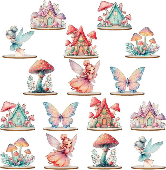 16 Pcs Fairy Party Decorations Wooden Fairies Centerpieces Table Topper Vintage Fairies Mushroom Butterfly Decorations for Home Table Woodland Forest Birthday Party Decor-BloomoryGarden