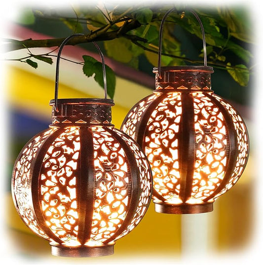 MAGGIFT 2 Pack Hanging Solar Lights,Outdoor Ramadan Solar Lanterns Decorations,Waterproof Hanging Solar Light 6 Lumens,Brown-BloomoryGarden