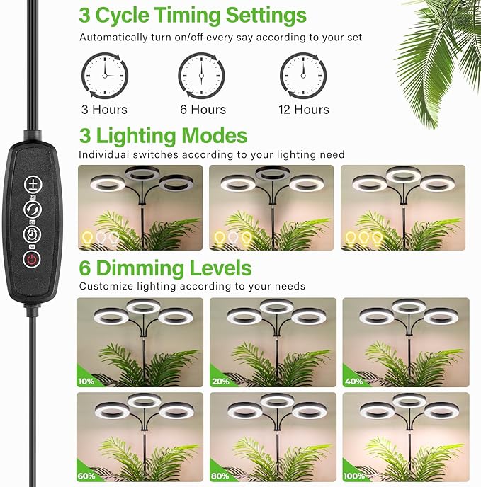 LORDEM Grow Light for Indoor Plants, 7.9" Diameter Tri-Head Plant Light for Plants Growing, Full Spectrum Growth Lamp with Auto Timer 3/6/12H, 4 Dimmable Levels, 3 Lighting Modes, Adjustable Stand-BloomoryGarden