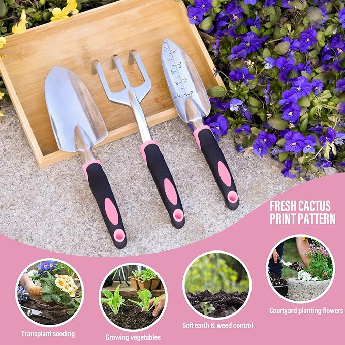 Garden Tool Set SOYUS Heavy Duty 3 Piece Gardening Hand Tools Aluminum Garden Shovel for Planting Hand Trowel Cultivator Rake with Ergonomic Non-Slip Rubber Grip Pink Gardening Gifts for Women-BloomoryGarden