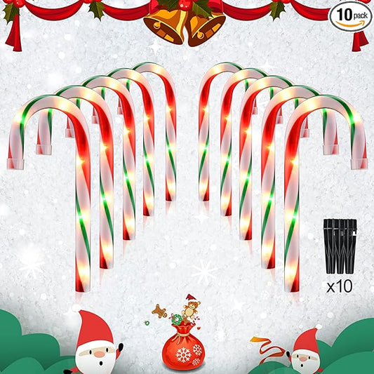 10" Christmas Candy Cane Lights - Set of 10 Pathway Markers Christmas Outdoor Yard Decorations, Xmas Candy Canes Stake Lights for Lawn Walkway Garden, Xmas Party Indoor Ornaments-BloomoryGarden