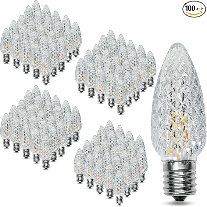 100Pack C9 Christmas LED Light Bulbs, Strawberry Replacement Bulb 2200K Warm White Shatterproof & Waterproof Outdoor String Light Bulbs, E17 Candelabra Base Edison Bulbs for Holiday Decoration-BloomoryGarden