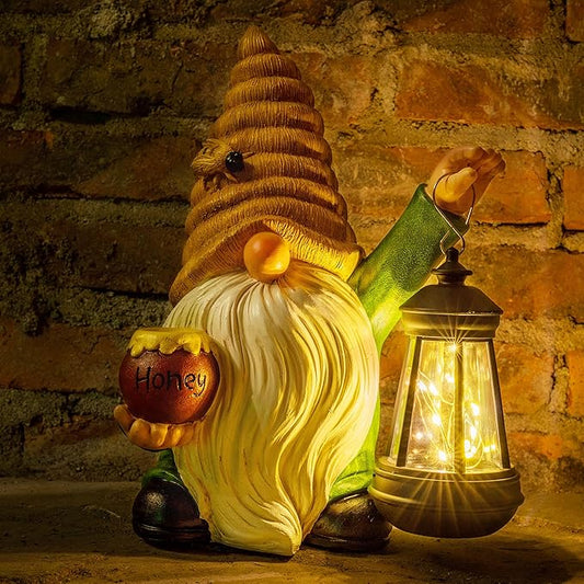 12.3''Solar Garden Gnome Outdoor Decor Honey Bee jar Gnome Statue with LED Lantern Fall Patio Yard Art Decoration Christmas Gardening Birthday Gifts for Women Mom, Honey Bee Gnome-BloomoryGarden