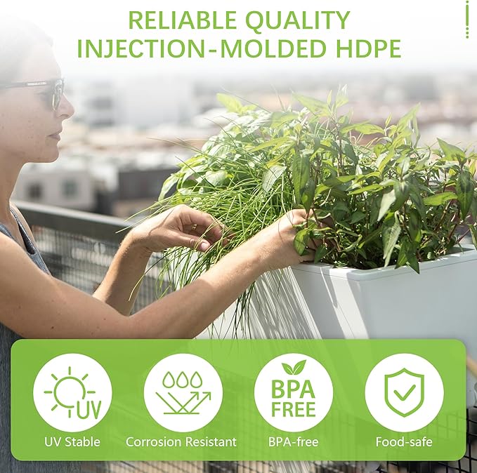 Glowpear Self Watering Railing Planter Box - 23.6", White - UV Stable, Scalable Plant Pot with Water Gauge, Indoor Outdoor for Vegetables, Flowers, Herbs, and Succulents-BloomoryGarden