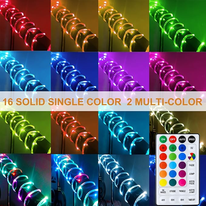 18 Colors 33FT Solar Rope Lights Outdoor Waterproof LED, Color Changing 100 LED Rope Lights Blue Green Pink Fairy String Tube Lights Remote Timer for Trampoline Garden Fence Tree Party Christmas Decor-BloomoryGarden