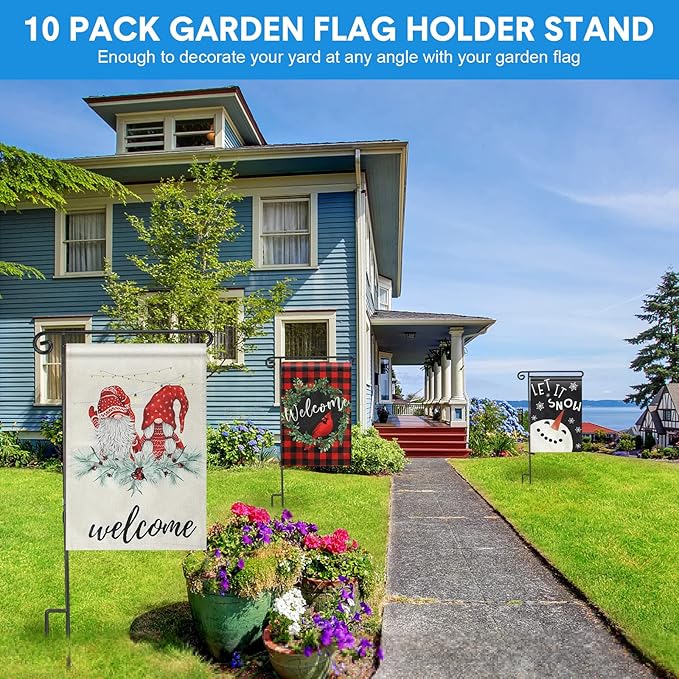 10 Pack Garden Flag Stand with Flag Stoppers and Clips, Black Powder Coated Weather Proof Garden Flag Pole Holder for Outdoor Garden Flag (Classic Style, 15.2 x 33.1 Inch)-BloomoryGarden