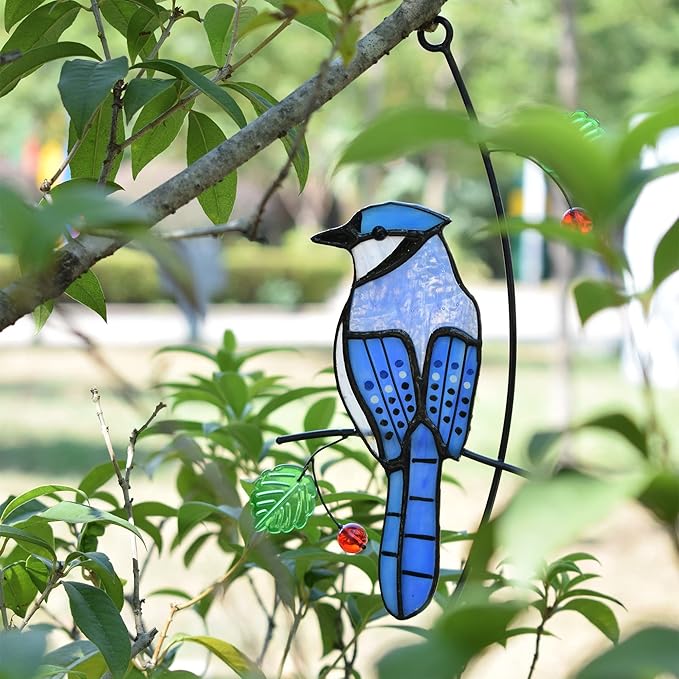 Lolitarcrafts Blue Jay Modern Stained Glass Window Hangings Blue Birds Suncathers for Window-BloomoryGarden