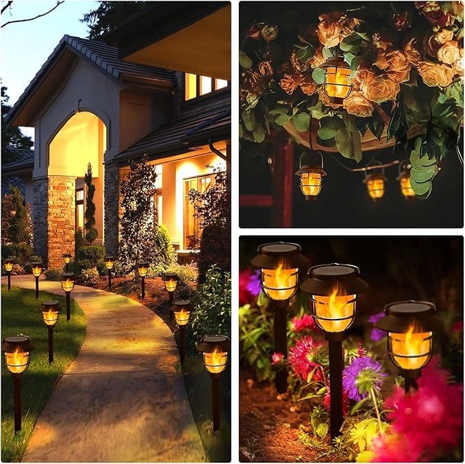 10 Pack Solar Pathway Lights Outdoor - Bright Solar Powered Garden Lights with Flickering Flame, Auto On/Off Waterproof Path Lights Decorative, Landscape Lighting for Yard Patio Walkway Driveway-BloomoryGarden
