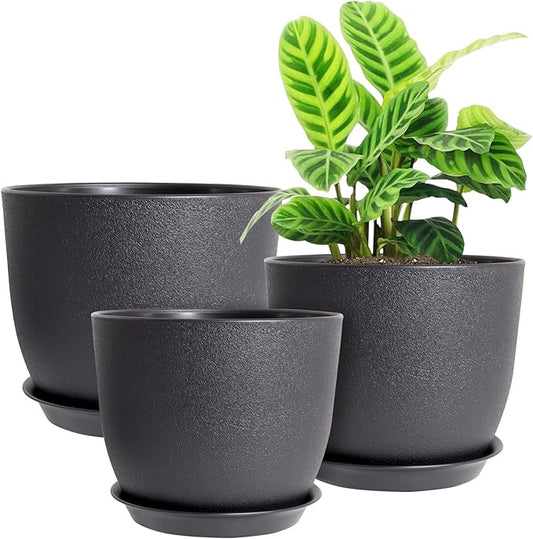 12/10/9 Large Modern Plant Pots, Plastic Planters with Drainage Holes and Saucers for Indoor Outdoor Plants Flowers, Black-BloomoryGarden
