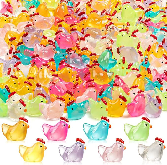 128PCS Luminous Mini Resin Chickens Miniature Animals, Tiny Chickens Miniature Figurines Glow in The Dark for Micro Garden, Potted Plant, DIY, Home Outdoor Party Decor (8 Colors)-BloomoryGarden
