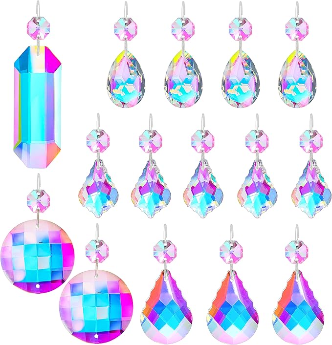 15pcs Colorful Crystal Suncatcher Hanging Chandelier Prisms Pendant with Crystal Octagon Bead Decor for Home Garden Wedding DIY Ornament-BloomoryGarden