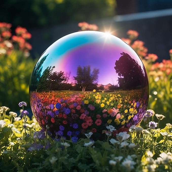 10 Inch Stainless Steel Gazing Globe,v2croft Hollow Ball Mirrored Surface Polished Shiny Sphere,Garden Stainless Steel Gazing Ball for Outdoor Lawn Pond Yard Ornament(rainbow)-BloomoryGarden
