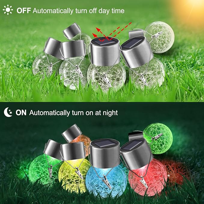 12 Pack Hanging Solar Lights Outdoor Decorative, Waterproof Solar Globe Lantern with Handle and Clip, Solar Powered Cracked Glass Ball Lights for Garden Yard Patio, Fence Tree Umbrella, Holiday Decor-BloomoryGarden