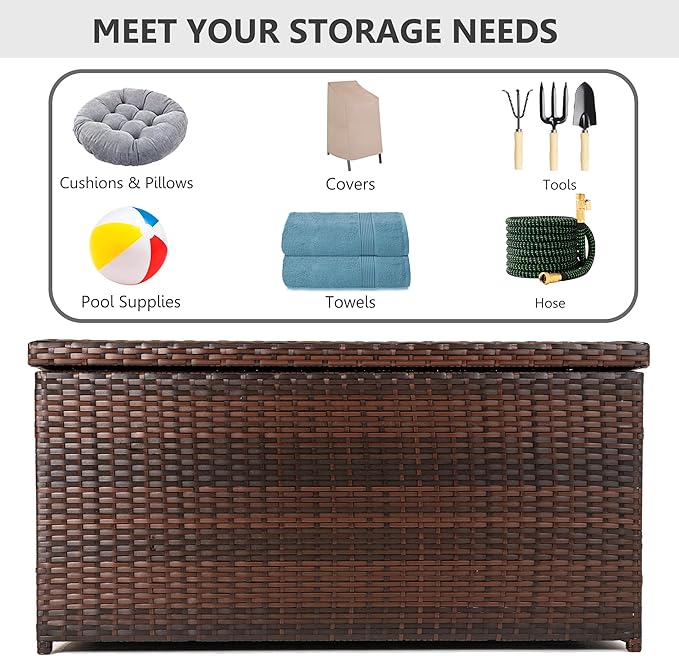 Outdoor 70 Gallon Wicker Storage Box with Waterproof Liner, Patio PE Rattan Storage Container for Outside, Deck Box with Hinged Lid for Cushions, Pillows, Towels, Horizontal Bin, Brown-BloomoryGarden
