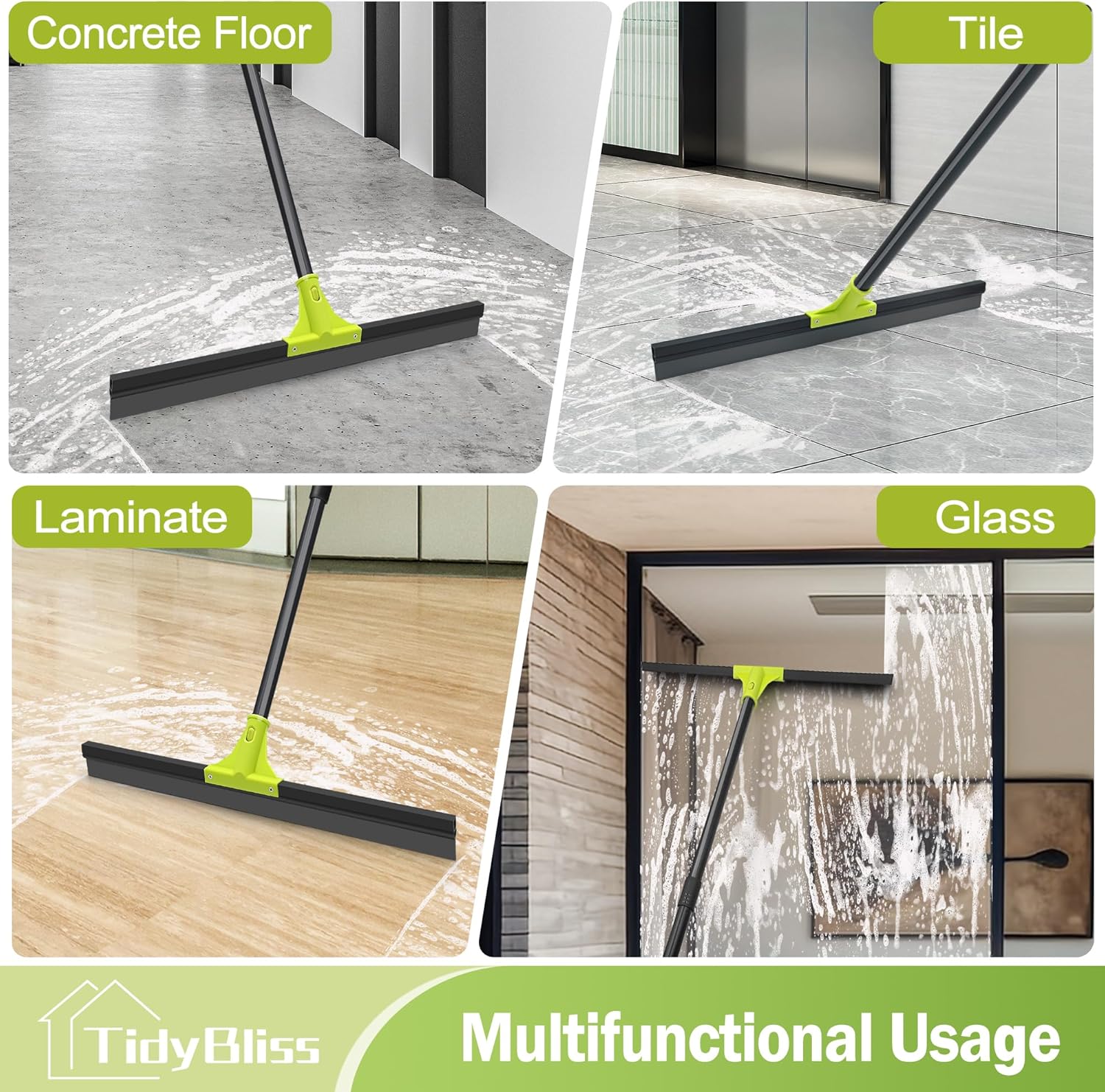 Floor Squeegee Heavy Duty, 24” Rubber Foam Water Scraper Broom, Epoxy Wiper Mop with 62 inches Long Handle for Cleaning Concrete Pool Rug Garage Deck Shower Window Outdoor Indoor (Green)-BloomoryGarden