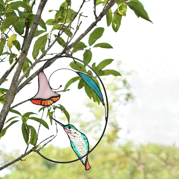 Lolitarcrafts Hummingbird with Flower Stained Glass Suncatcher Bird Stained Glass Window Hangings Hummingbird Gift for Home Decor (Green)-BloomoryGarden