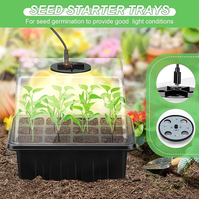 Lunies 6 Packs Seed Starter Trays with Grow Light, Seeding Starter Tray with Adjustable Humidity Dome, Base Indoor Greenhouse Germination Kit for Seed Growing Starting(12 Cells per Tray, Black)-BloomoryGarden