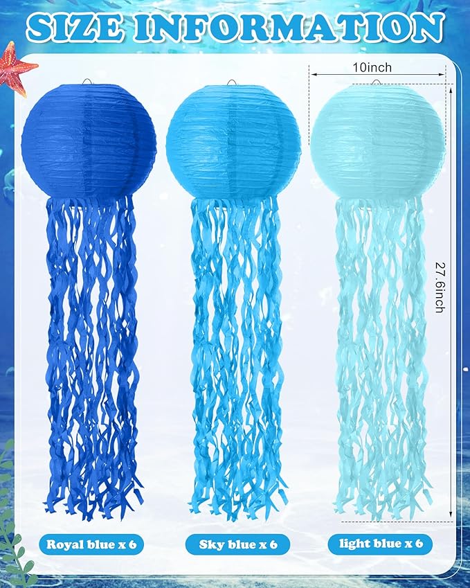 18 Pcs Jellyfish Paper Lanterns Mermaid Birthday Decorations Hanging Lantern Lamps for Ocean Theme Decor Under The Sea Party Supplies (Blue)-BloomoryGarden