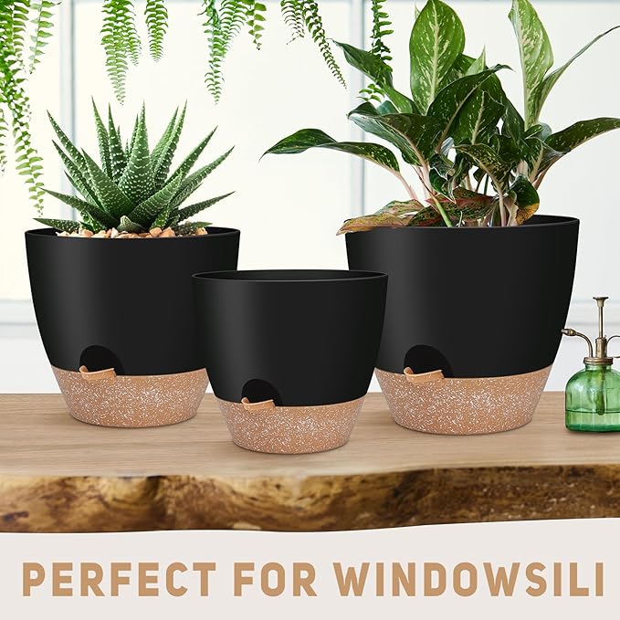 12" 10" 9" Large Self Watering Plant Pots, 3 Pack Flower Pots Planters with Multi Mesh Drainage Holes for Indoor Outdoor Garden Plants and Flowers (Black)-BloomoryGarden