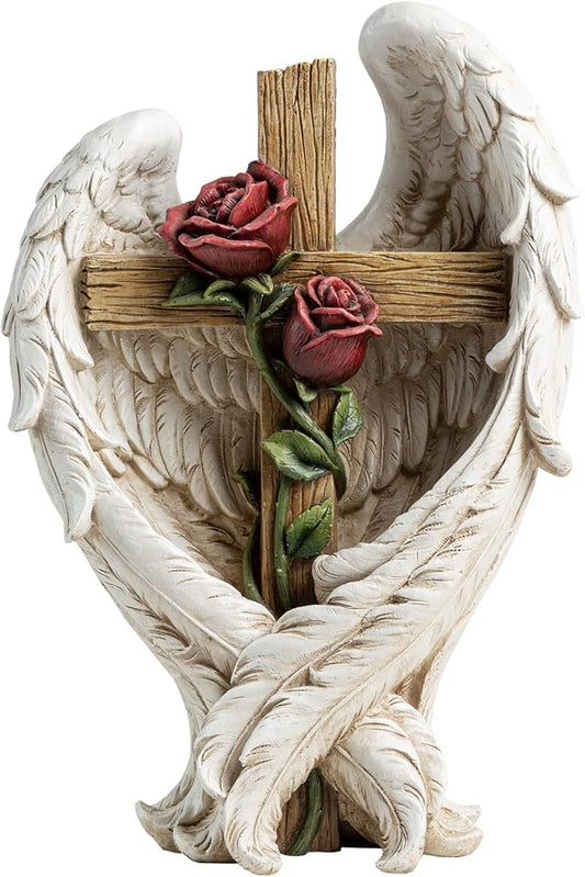12" Angel Wings Embracing Cross and Rose Garden Statue Memorial Statue for Beloved one-BloomoryGarden