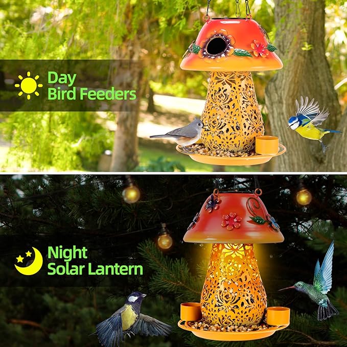 Mushroom Solar Bird Feeders for Outdoors Hanging Metal Wild Bird Feeder Garden Lantern with S Hook for Garden Decoration Orange-BloomoryGarden