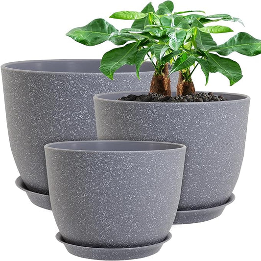 12/10/9 Large Modern Plant Pots, Plastic Planters with Drainage Holes and Saucers for Indoor Outdoor Plants Flowers, Grey Speckles-BloomoryGarden
