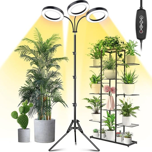 LORDEM Grow Light for Indoor Plants, 7.9" Diameter Tri-Head Plant Light for Plants Growing, Full Spectrum Growth Lamp with Auto Timer 3/6/12H, 4 Dimmable Levels, 3 Lighting Modes, Adjustable Stand-BloomoryGarden