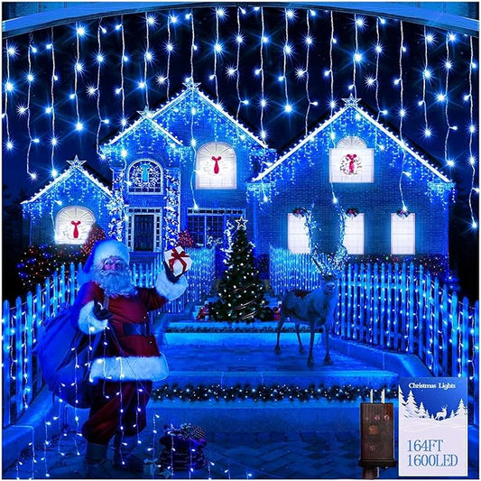 1600 LED 164FT Outdoor Christmas Lights Plug in 8 Modes with Timer Dimmable Christmas Decorations Waterproof Indoor Curtain String Lights for Roof Porch Garden Holiday Wedding Party Decor Blue-BloomoryGarden