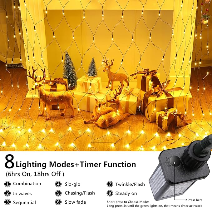 Lyhope 12ft x 5ft 360 LED Christmas Net Lights, 8 Modes Low Voltage Green Wire Mesh Christmas Decorations Lights for Xmas Trees, Bushes, Wedding, Garden, Outdoor, Indoor Decor (Warm White)-BloomoryGarden