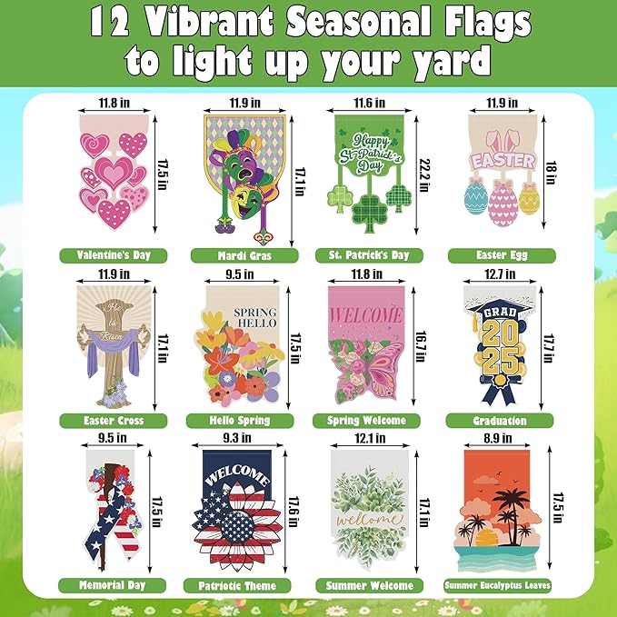 12 Set Seasonal Garden Flags 8 Modes Solar LED Double Sided 12 x 18 Inch Small Yard Flag Outdoor Lighted Spring Summer Easter Graduation Memorial Day Garden Decor for All Seasons, 12 Styles-BloomoryGarden