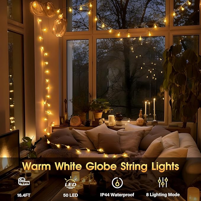 16.4ft 50LED Globe String Lights Indoor Bedroom Battery Operated, Crystal Fairy Lights IP44 Waterproof Outdoor Hanging Decorative Lights for Home Tent Patio Garden Party Wedding Decor-BloomoryGarden