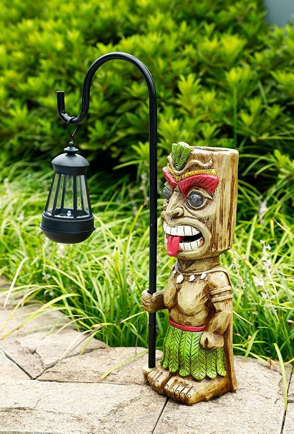 16.7" H Tiki Decor Garden Statue,Large Lantern Tiki Figurine with Solar Lights,Hawaiian Tiki Man Outdoor Patio Yard Lawn Bar Party Beach Pool Pond Halloween Christmas Decoration Ornament Gifts-BloomoryGarden