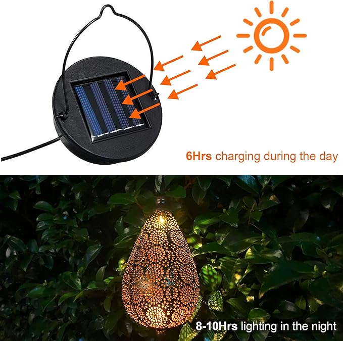 MAGGIFT 2 Pack Solar Hanging Lights, Solar Powered Decorative Retro Lantern with Handle, Warm White LED Christmas Garden Boho Flower Lights, Metal Drop Shape Waterproof Outdoor Yard Tree Fence Patio-BloomoryGarden