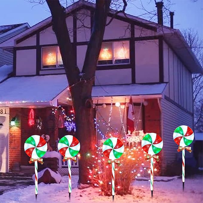 10 Packs Christmas Pathway Lollipop Lights with Bow Tie Solar Powered Outdoor Waterproof Xmas Candy Cane Path Landscape Decorative Stake Lights 2 Solar Panel + 10 Lights-BloomoryGarden