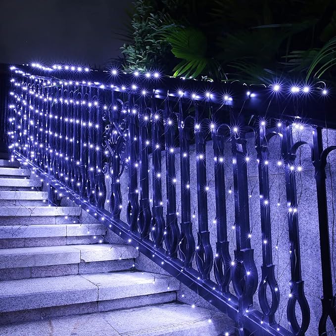 LYHOPE 12ft x 5ft 360 LED Christmas Net Lights, 8 Modes Low Voltage Green Wire Mesh Christmas Decorations Lights for Xmas Trees, Bushes, Wedding, Garden, Outdoor, Indoor Decor (Clear White)-BloomoryGarden