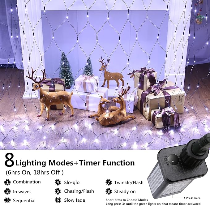 LYHOPE 12ft x 5ft 360 LED Christmas Net Lights, 8 Modes Low Voltage Green Wire Mesh Christmas Decorations Lights for Xmas Trees, Bushes, Wedding, Garden, Outdoor, Indoor Decor (Clear White)-BloomoryGarden