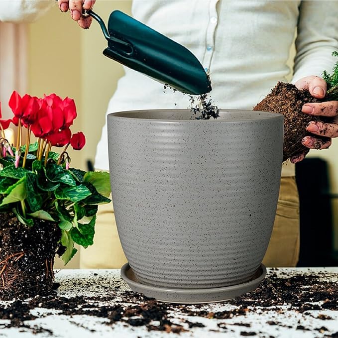 12 Inch Plant Pot, Ceramic Planter Pot with Drainage Hole and Saucer Round Large Flower Pot for Indoor Plants, Light Gray-BloomoryGarden