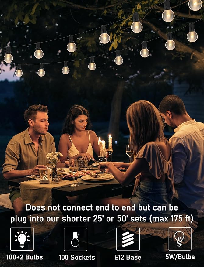 100FT String Lights, G40 Outdoor String Lights Edison Light Bulbs Clear Globe Lights for Backyard Patio Lights Indoor/Outdoor Commercial Decoration -5 Watt/120 Voltage/E12 Base -Black Wire-BloomoryGarden