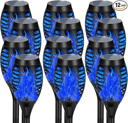 12 Pack Solar Torch Lights Outdoor Waterproof - Blue Flickering Flame, Outdoor Solar Garden Lights for Yard, Tiki Torches for Outside Patio Pathway Decorations-BloomoryGarden
