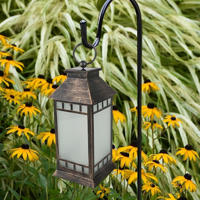 18'' Glass Solar Lantern Outdoor Waterproof, Large Hanging Solar Lanterns with Flickering Flame Lights, Metal Outdoor Lantern Decorative for Patio Garden Backyard Tabletop, Vintage Bronze-BloomoryGarden