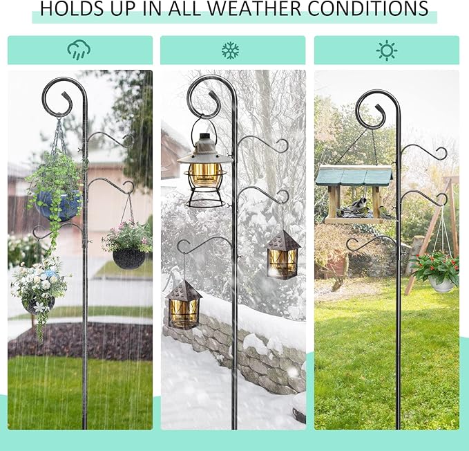 108 Inch Shepherds Hooks for Outdoor 2 Pack, Bird Feeder Poles with 4 Hooks, Shepherds Hook for Bird Feeders Outside with Base, Garden Pole for Hanging Plant Baskets, Weddings Decor (108 Inch)-BloomoryGarden