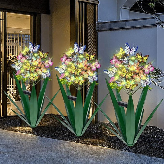 Homight Solar Metal Agave Butterfly Flower Stick Garden Sculpture - Outdoor Christmas Lights With Swaying Butterfly Sunflower - Solar Outdoor Gift (3 PCS Green)