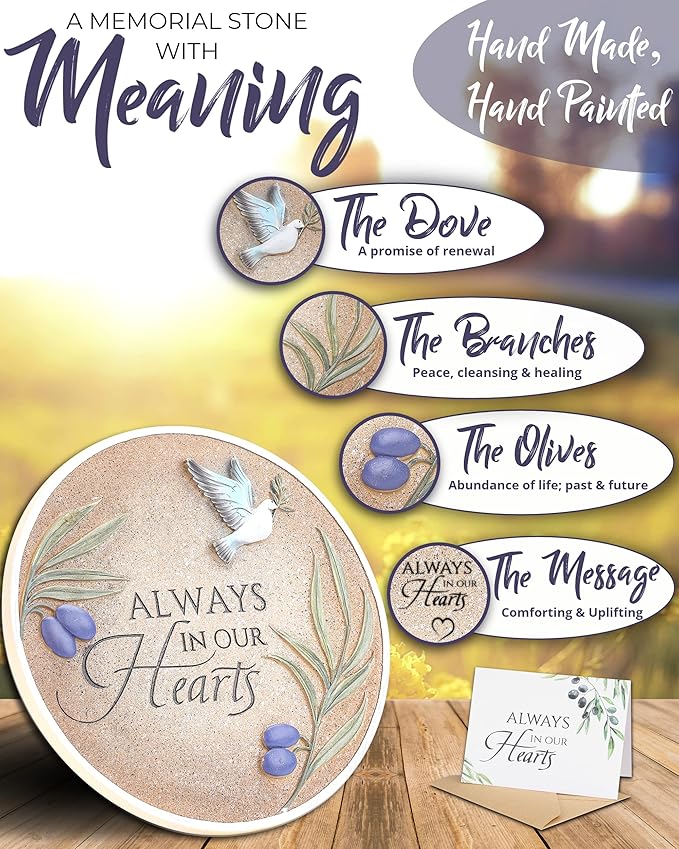 10-Inch Garden Memorial Stone with Included Plaque Stand & Sympathy Card, Memorial Plaques for Outdoors with Peace Dove Amongst Olive Branches, Memorial Stepping Stone for Loss of Loved One-BloomoryGarden