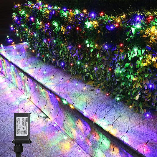 LYHOPE 12ft x 5ft 360 LED Christmas Net Lights, 8 Modes Low Voltage Green Wire Mesh Christmas Decorations Lights for Xmas Trees, Bushes, Wedding, Garden, Outdoor, Indoor Decor (Multicolor)-BloomoryGarden