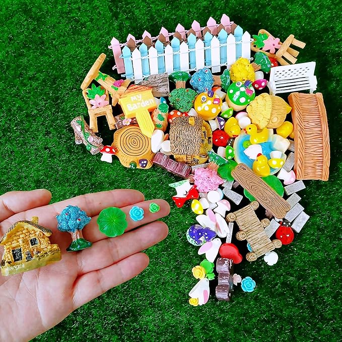 100 Pcs Miniature Fairy Garden Accessories Mini Landscape, Resin Micro Buildings Structures Tiny Animals Figurines-BloomoryGarden