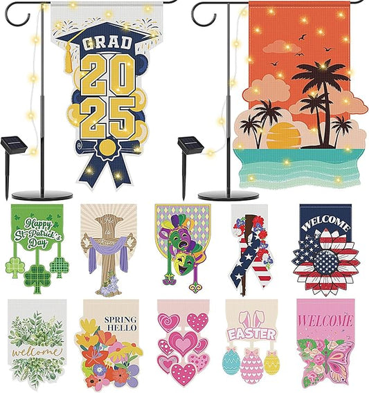 12 Set Seasonal Garden Flags 8 Modes Solar LED Double Sided 12 x 18 Inch Small Yard Flag Outdoor Lighted Spring Summer Easter Graduation Memorial Day Garden Decor for All Seasons, 12 Styles-BloomoryGarden