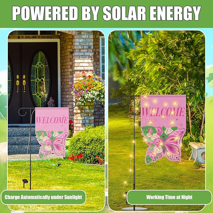 12 Set Seasonal Garden Flags 8 Modes Solar LED Double Sided 12 x 18 Inch Small Yard Flag Outdoor Lighted Spring Summer Easter Graduation Memorial Day Garden Decor for All Seasons, 12 Styles-BloomoryGarden