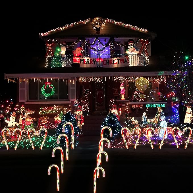 10" Christmas Candy Cane Lights - Set of 10 Pathway Markers Christmas Outdoor Yard Decorations, Xmas Candy Canes Stake Lights for Lawn Walkway Garden, Xmas Party Indoor Ornaments-BloomoryGarden