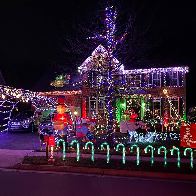 10" Christmas Candy Cane Lights - Set of 10 Pathway Markers Christmas Outdoor Yard Decorations, Green Xmas Candy Cane Stake Lights for Lawn, Walkway, Garden, Xmas Party Indoor Ornaments-BloomoryGarden